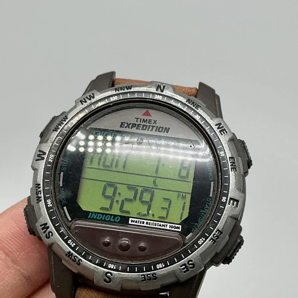 Timex Expedition Mens Watch 42mm Green Digital Brown Leather Compass New Battery